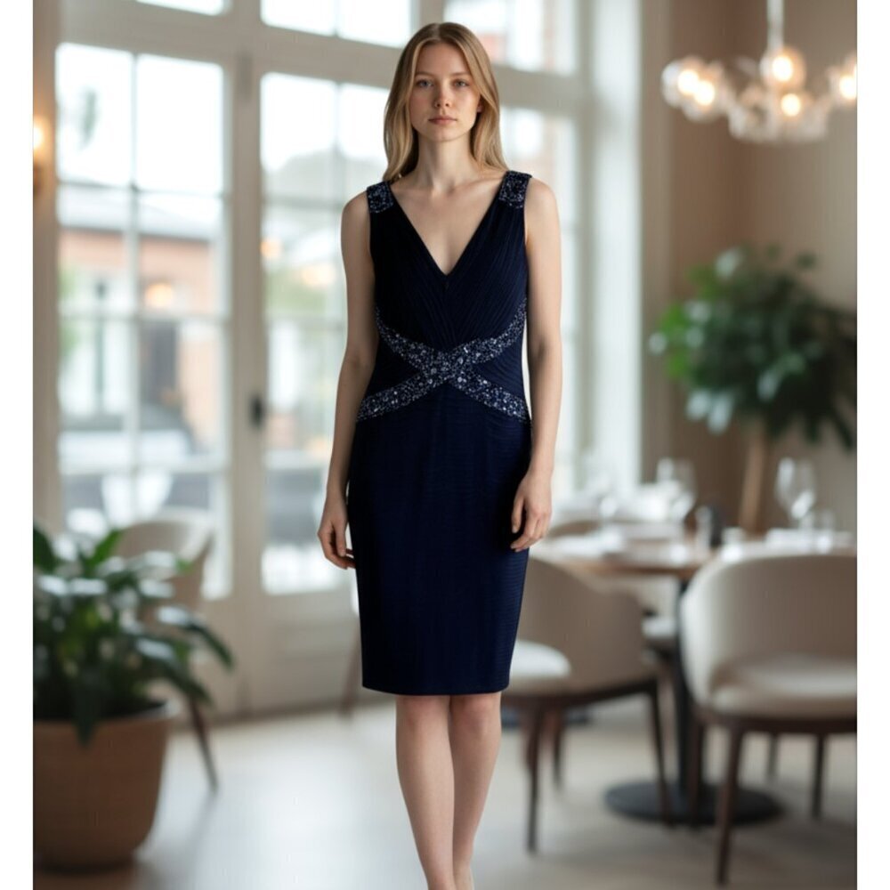Tadashi Petite Navy Blue Pleated Silk Sequin Cocktail Dress Size 4P 4